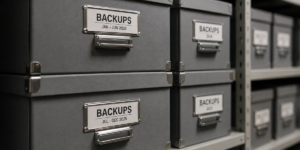 Rows of labeled archive boxes representing backups retained over successive six-month periods.