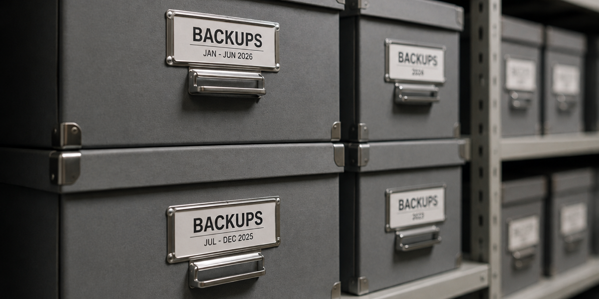 Rows of labeled archive boxes representing backups retained over successive six-month periods.